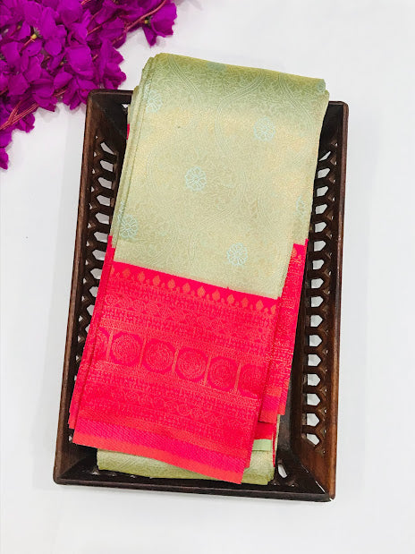 Wonderful Sandal Color Art Silk Saree With Flower Motifs And Contrast Rose Rich Pallu