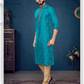 Beautiful Teal Blue Color Slub Silk Embroidery Work Kurta Pajama Set For Men