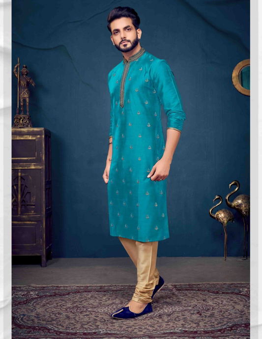 Beautiful Teal Blue Color Slub Silk Embroidery Work Kurta Pajama Set For Men