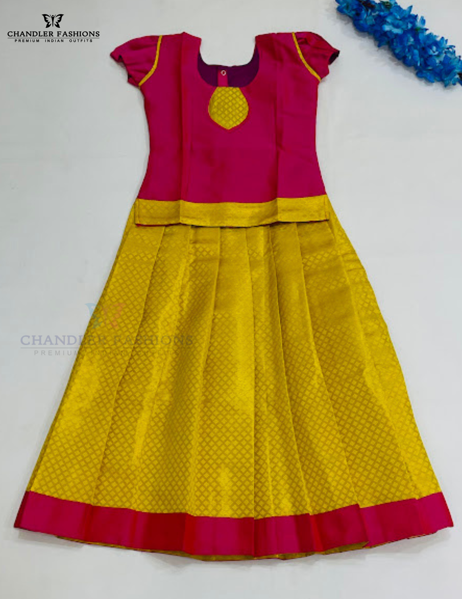 Pleasing Pink And Yellow Colored Silk Langa Sets With Stone Work For Girls