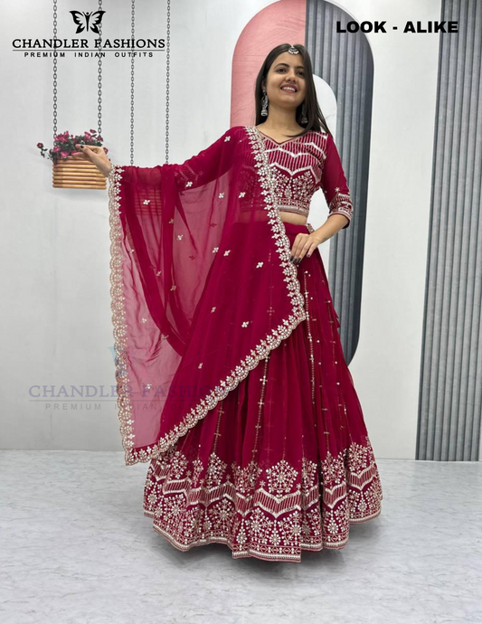 Exquisite Red Color Georgette Lehenga Choli With Embroidery Work For Women
