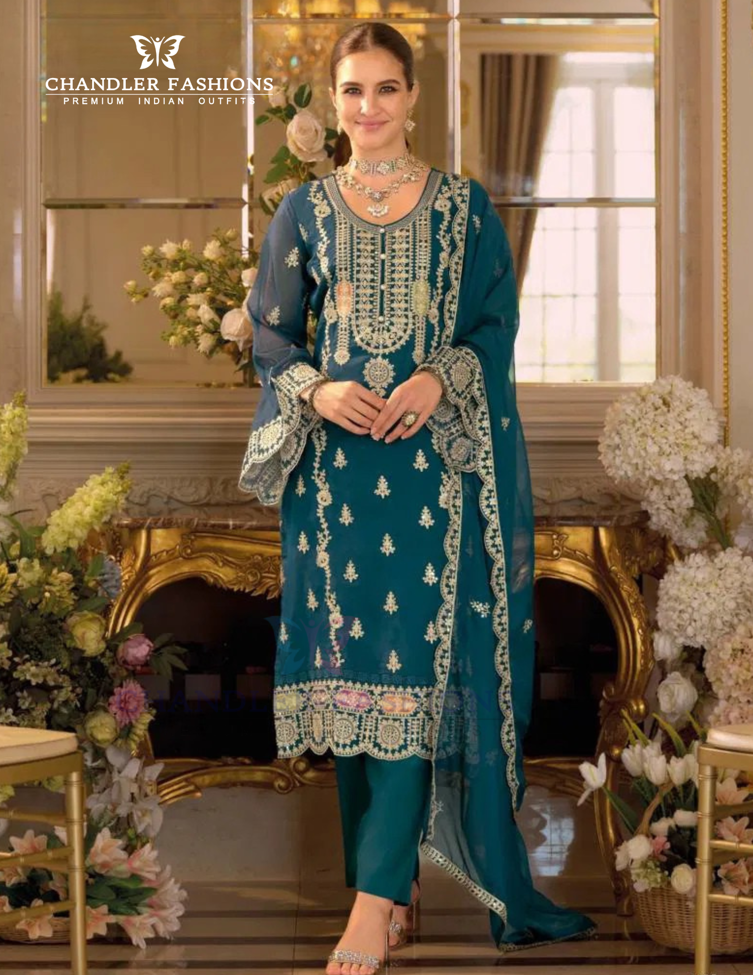Stunning Teal Blue Color Soft Organza With Embroidery Work Salwar Suits And Dupatta