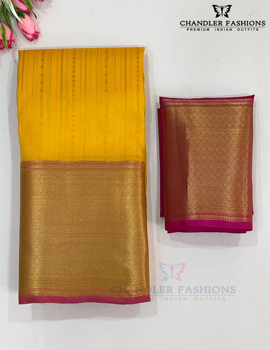 Wonderful Yellow Color Pure Kanchi Silk With Pink Pallu And Gold Zari With Tradition Motifs Border Work Saree For Women - SILKMARK CERTIFIED