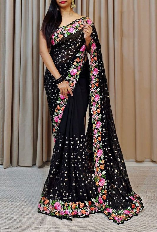Stunning Black Color Designer Sequins And Embroidery Thread Work Saree For Women
