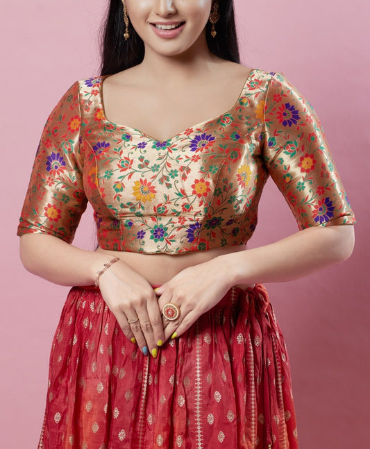 Dazzling Gold Multi Padded Back Open Blouse With Floral Design For Women