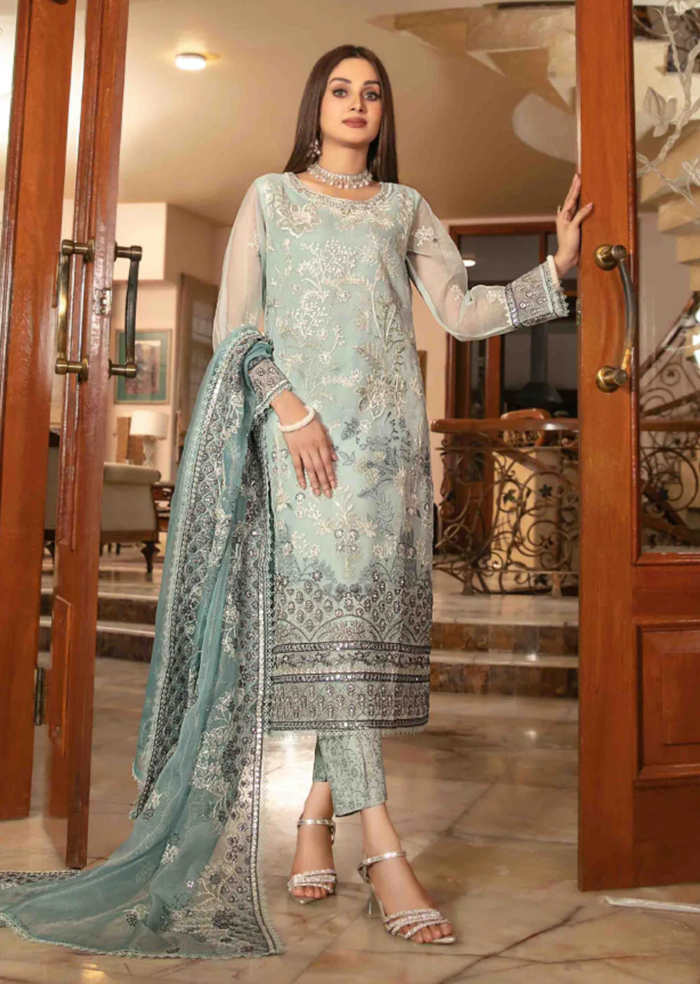 Elegant Teal Blue Color Georgette Salwar Suits With Heavy Embroidered Work For Women