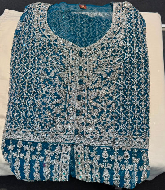 Amazeballs Teal Blue Color Net Fabric Anarkali Gown With Embroidery And Mirror Work For Women