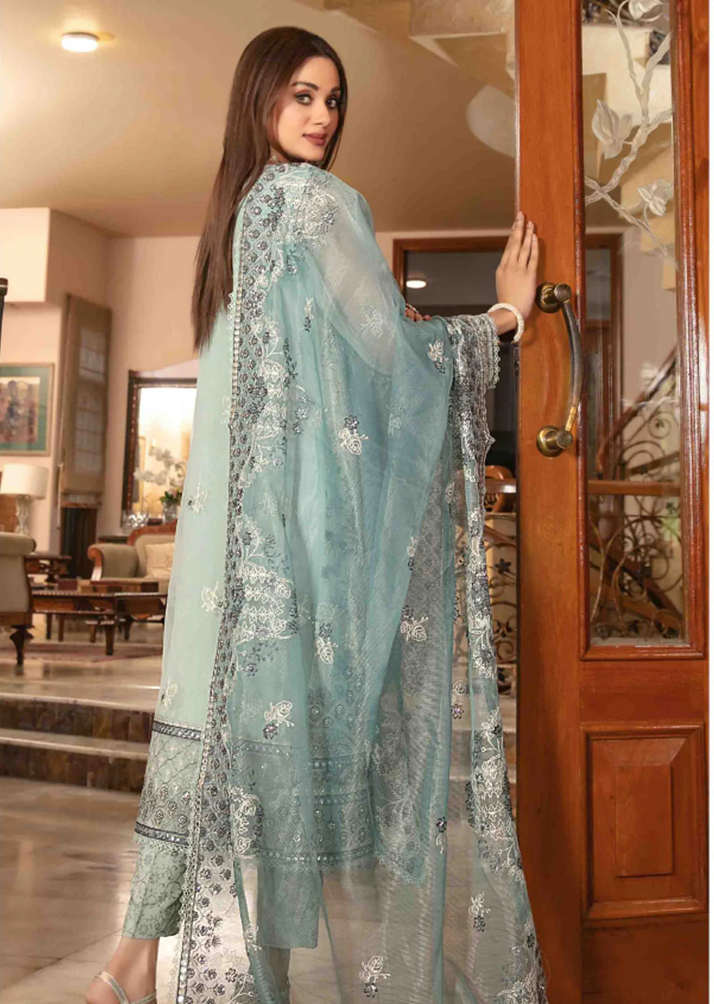 Teal Blue Color Georgette Salwar Suits With Heavy Embroidered Work in USA