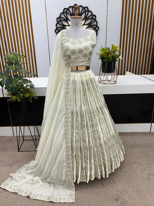 Enchanting White Color Heavy Embroidery Sequins Work Wedding Lehenga Choli