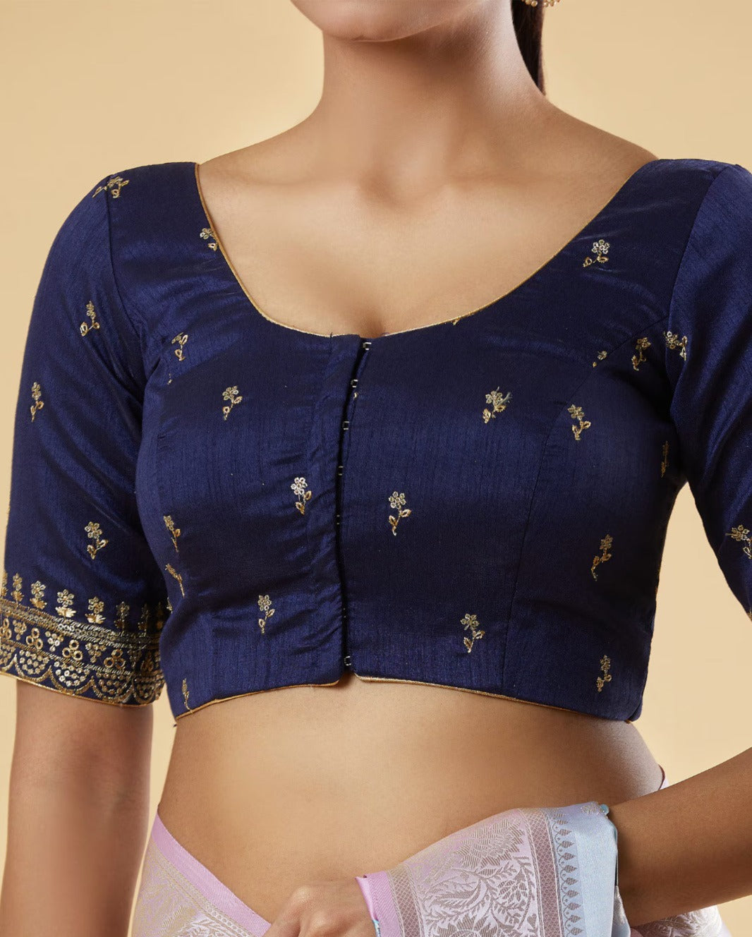 Alluring Front Open Navy Blue Color Elbow Sleeve Readymade Blouse Near Me