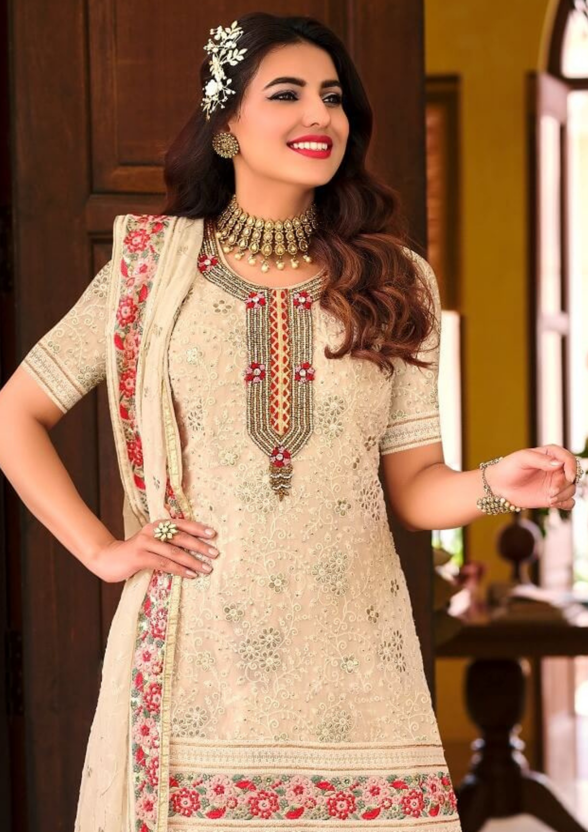 Lovely Cream Color Embroidery Work Sharara Suits Near Me