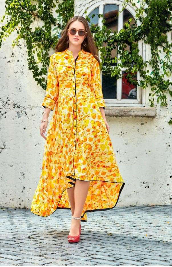 Trendy Yellow Color Mandarin Collared Printed Slub Rayon Dress