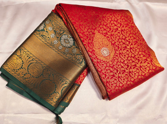 Gorgeous Red Color Kanchi Silk Saree With Green Pallu For Women - SILKMARK CERTIFIED