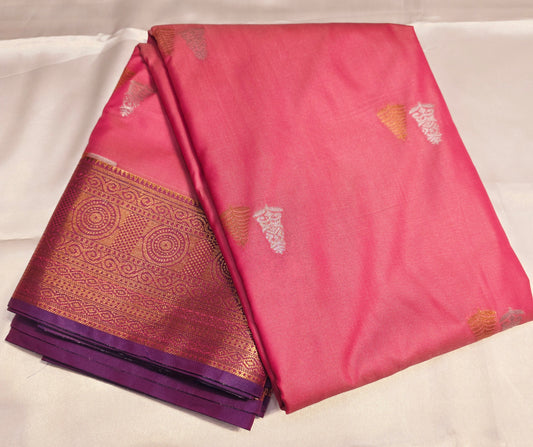 Stunning Pink Color Kanchi Silk Saree With Blue Pallu For Women - SILKMARK CERTIFIED