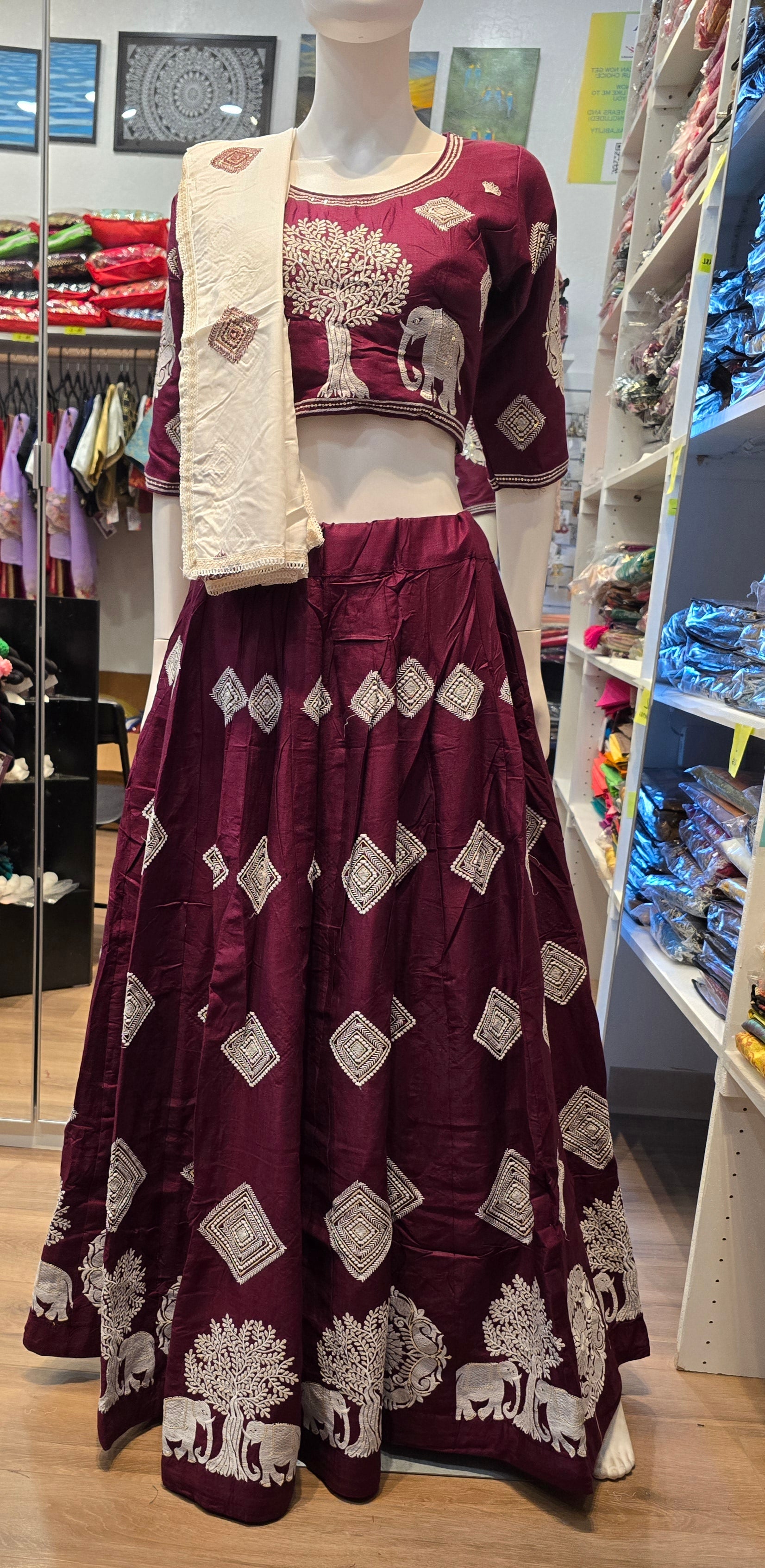 Elegant Burgundy Color Chaniya Choli With Embroidery Work For Women