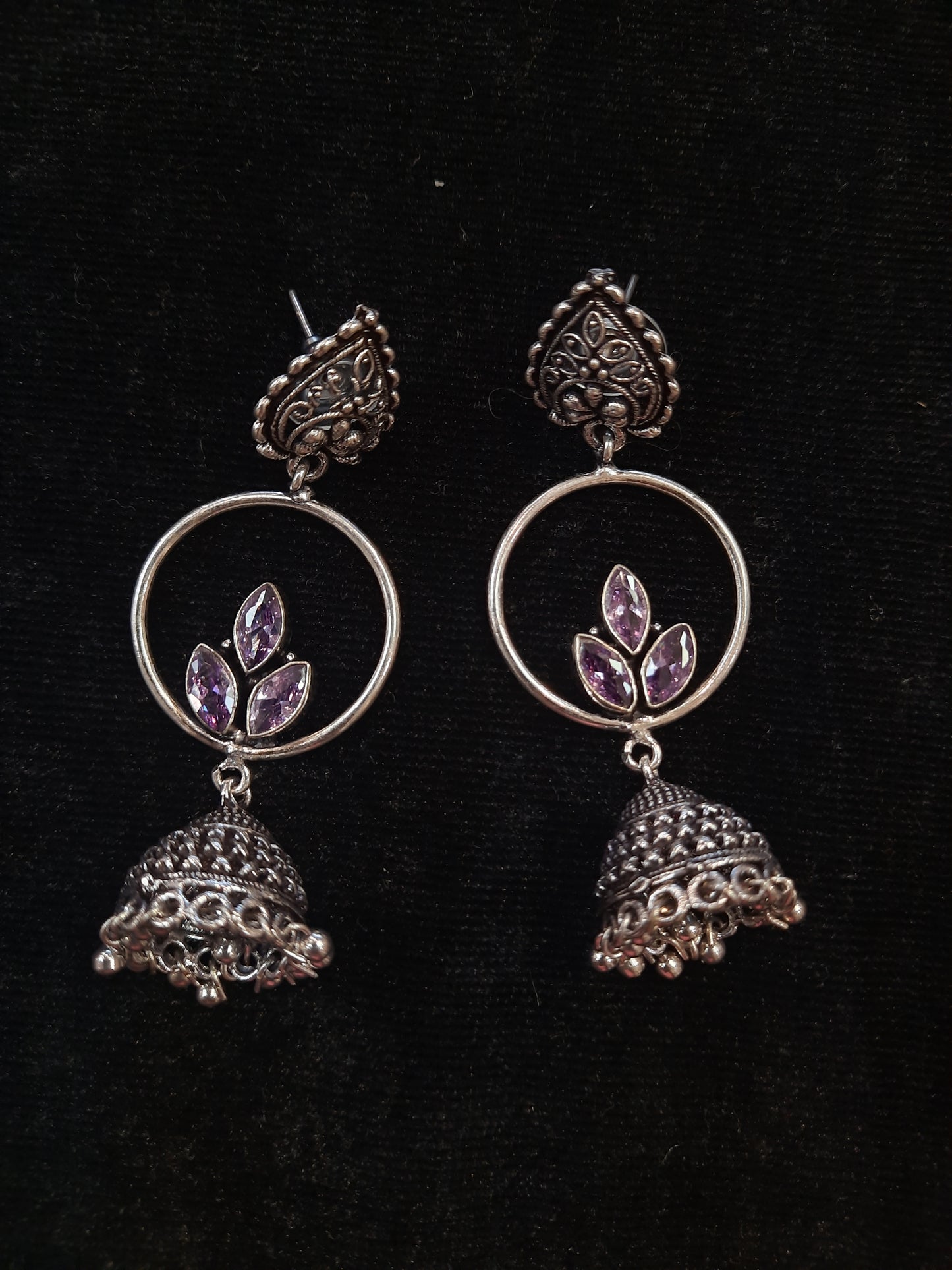 Alluring Lavender Color Floral Design Silver Oxidized Jhumka For Women