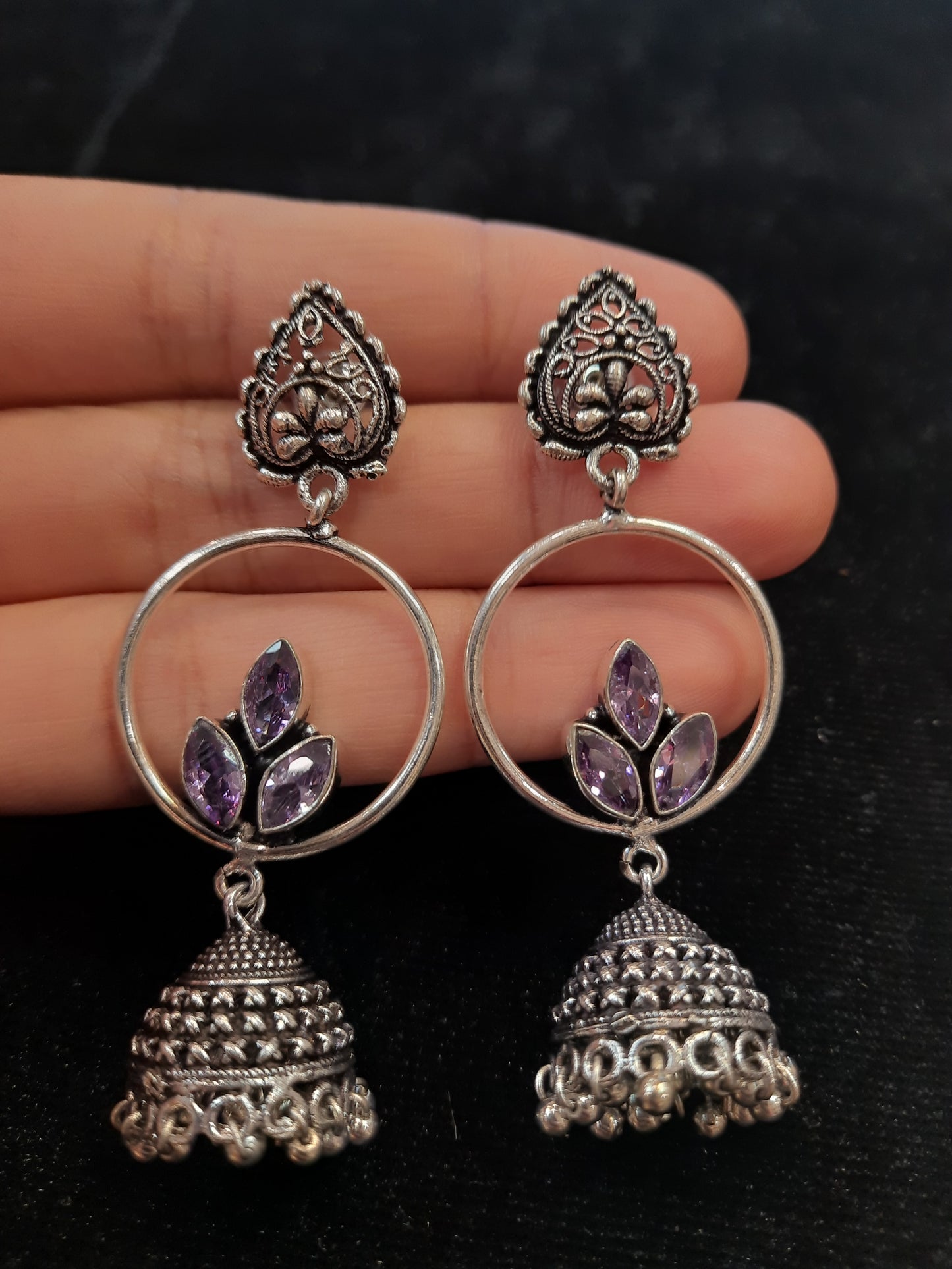 Alluring Lavender Color Floral Design Silver Oxidized Jhumka For Women