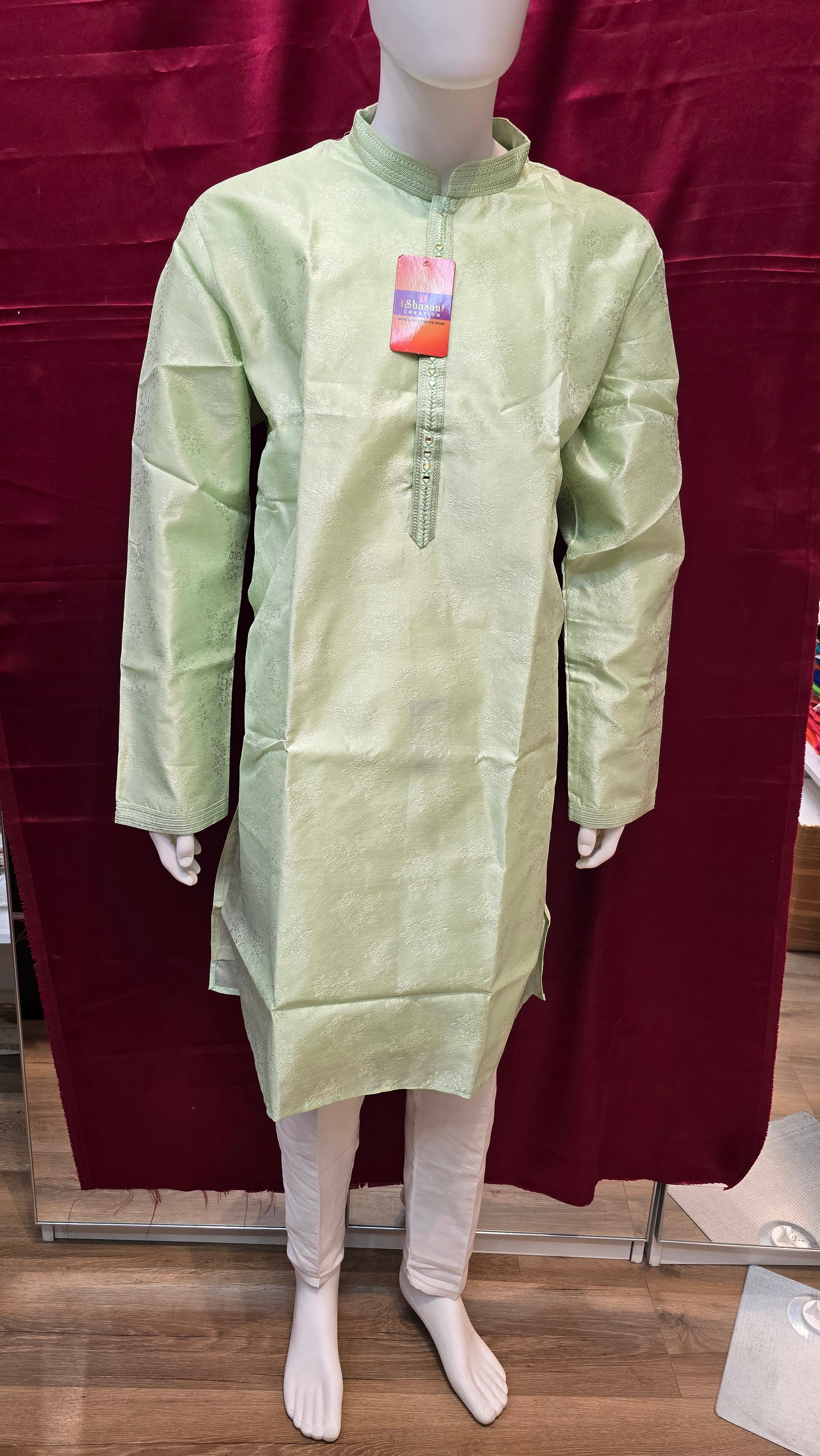 Fabulous Pista Green Color Men's Jacquard Kurta Suit