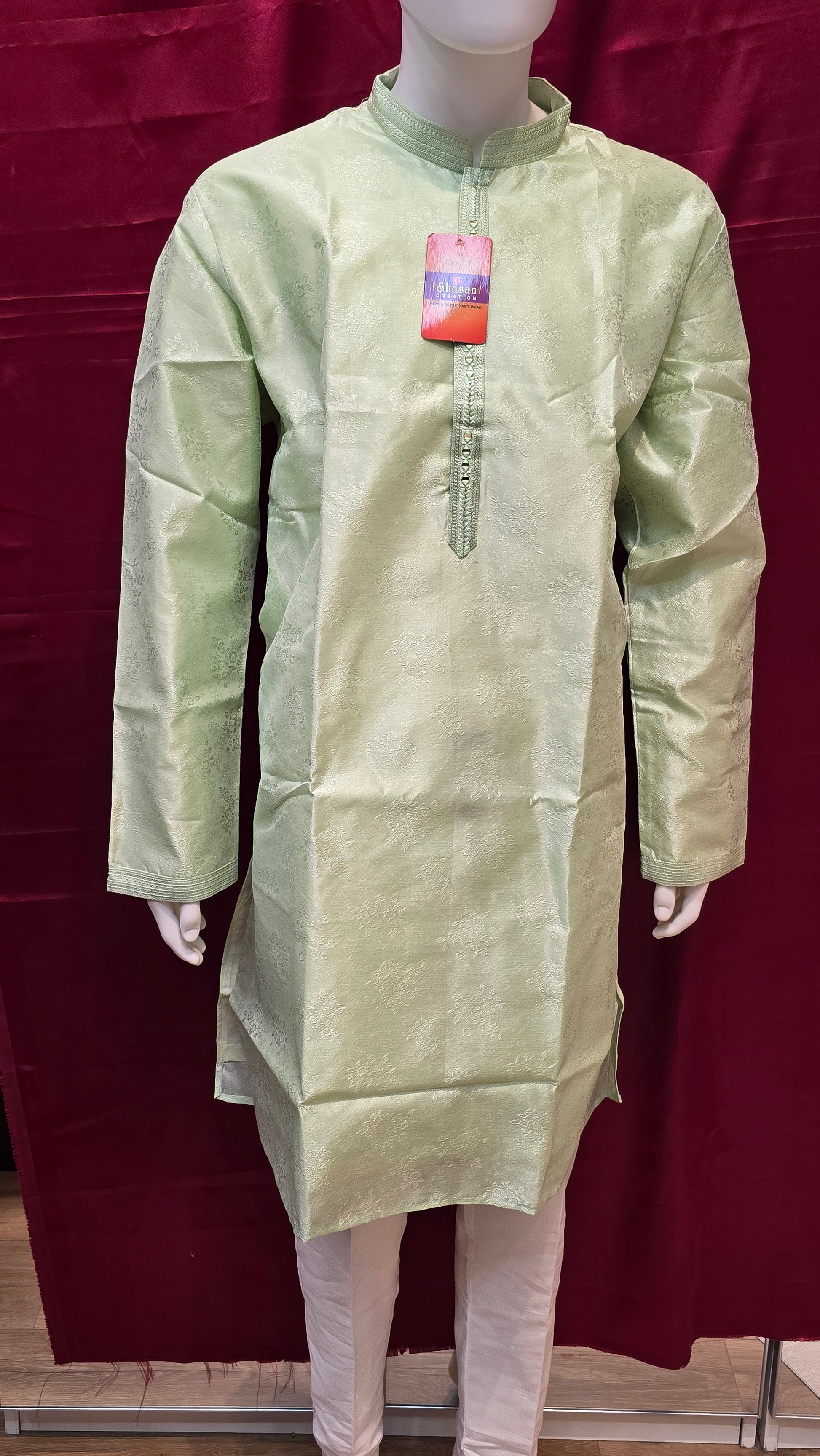  Pista Green Color Men's Jacquard Kurta Suit Near Me