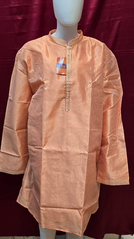 Dazzling Orange Colored Silk Cotton Men's Pajama Jacquard Kurta Sets