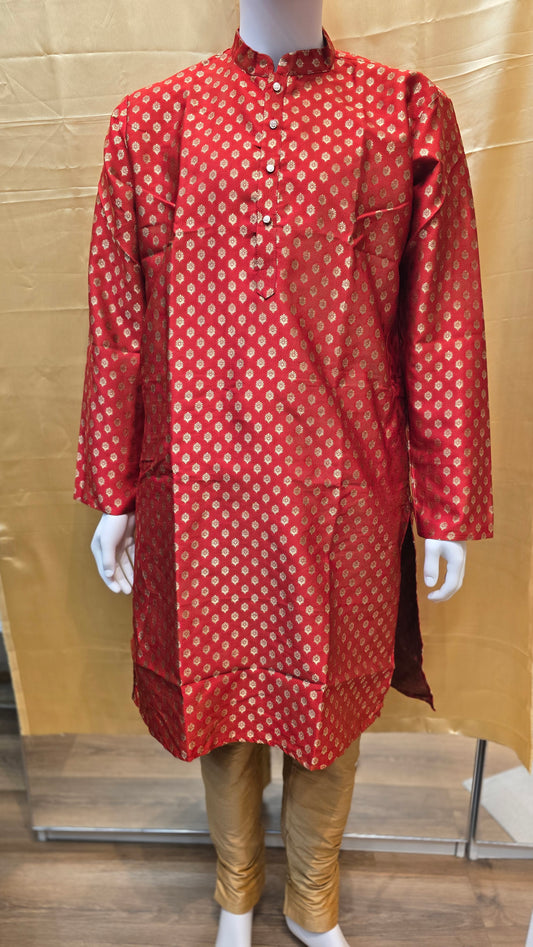 Amazing Red Color Men's Jacquard Banarasi Brocade Kurta Suits