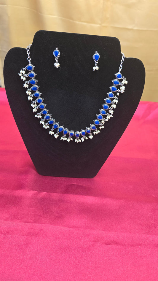 Blue Necklace Set With Bunch Of Pearls