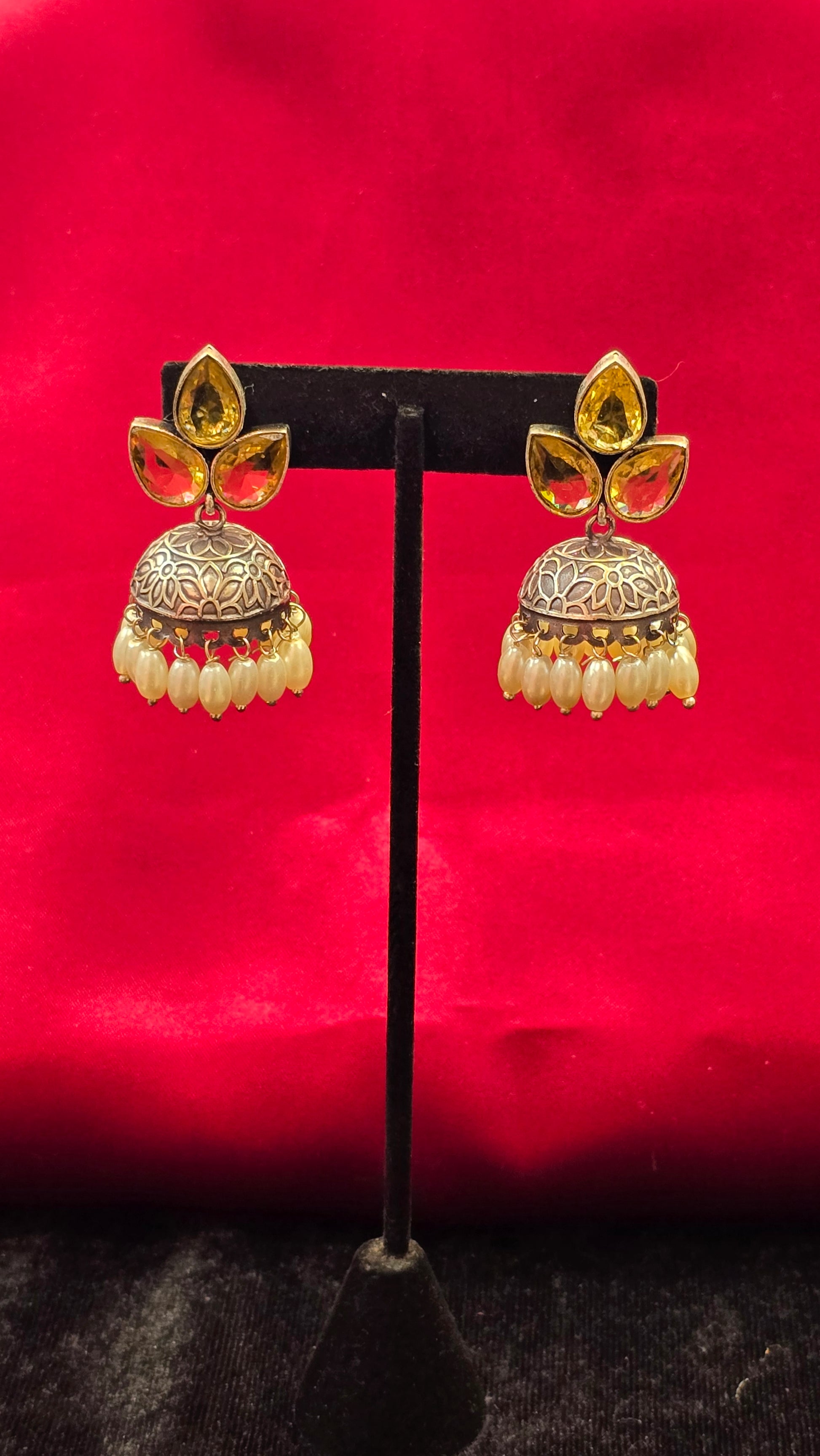 Alluring Yellow Color Stoned Oxidized Jhumkas For Women