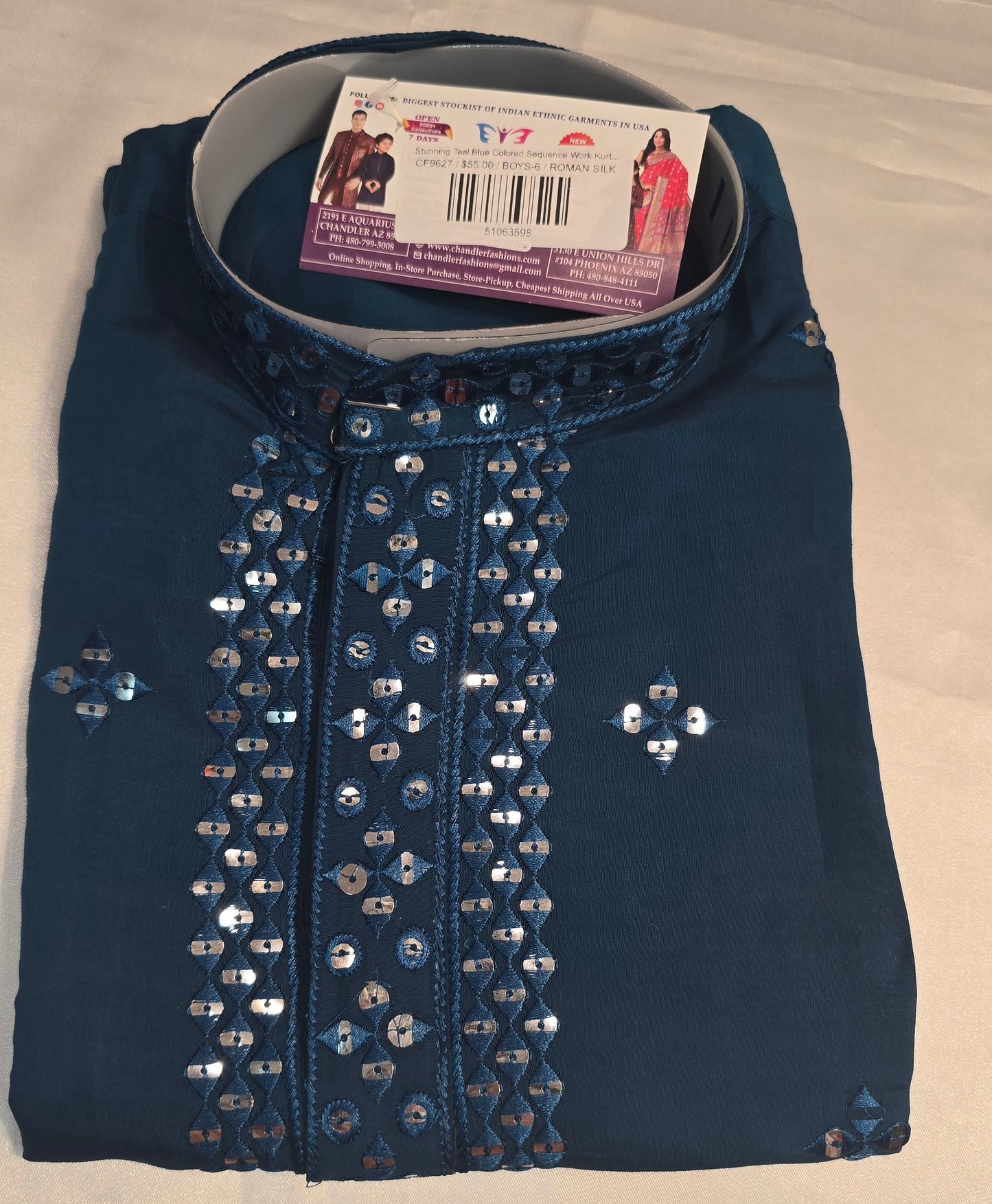 Stunning Teal Blue Color Sequins Work Kurta And Pajama Pant For Kids