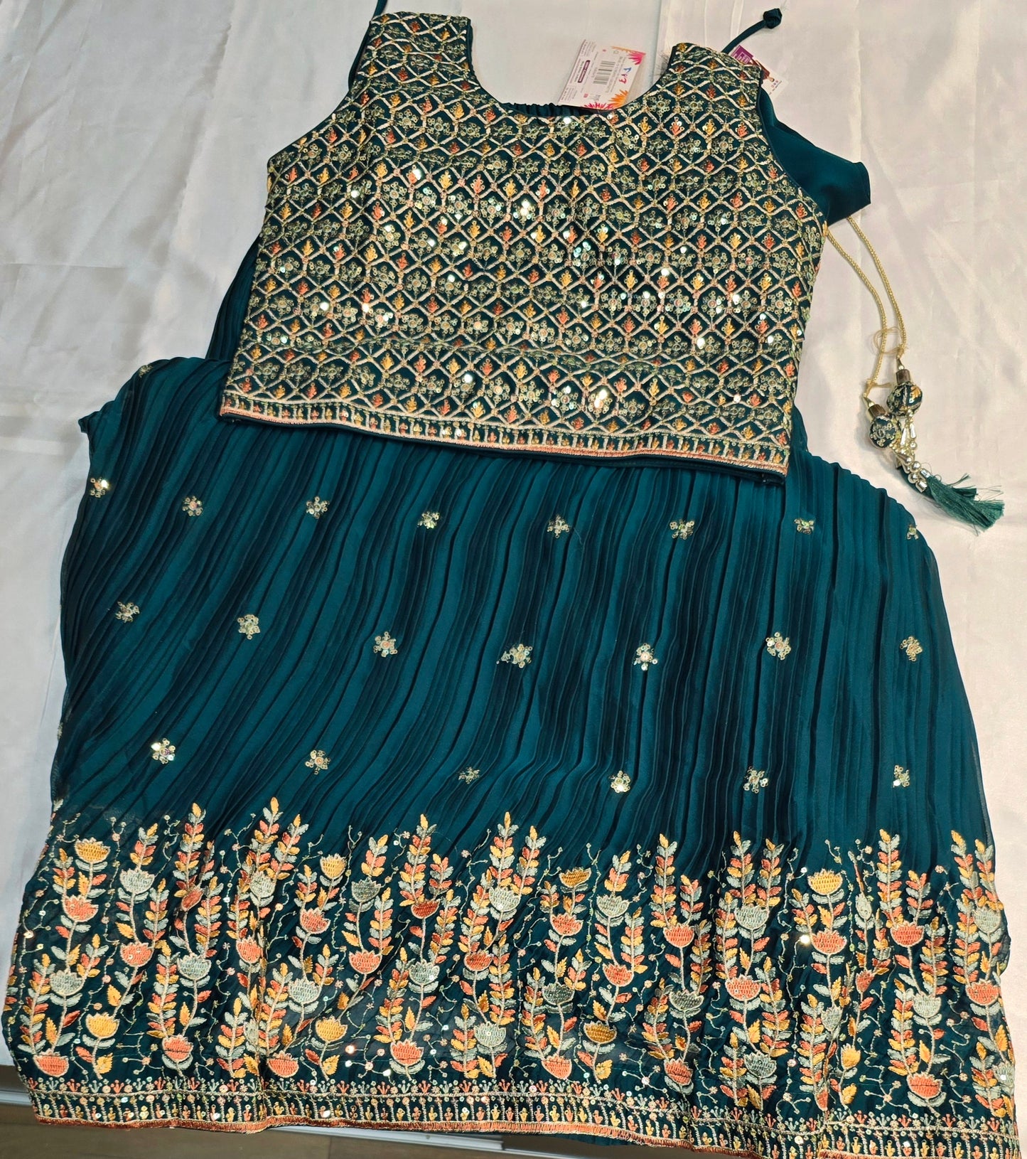 Gorgeous Teal Green Color Georgette Embroidery And Sequins Work Choli Set For Girls