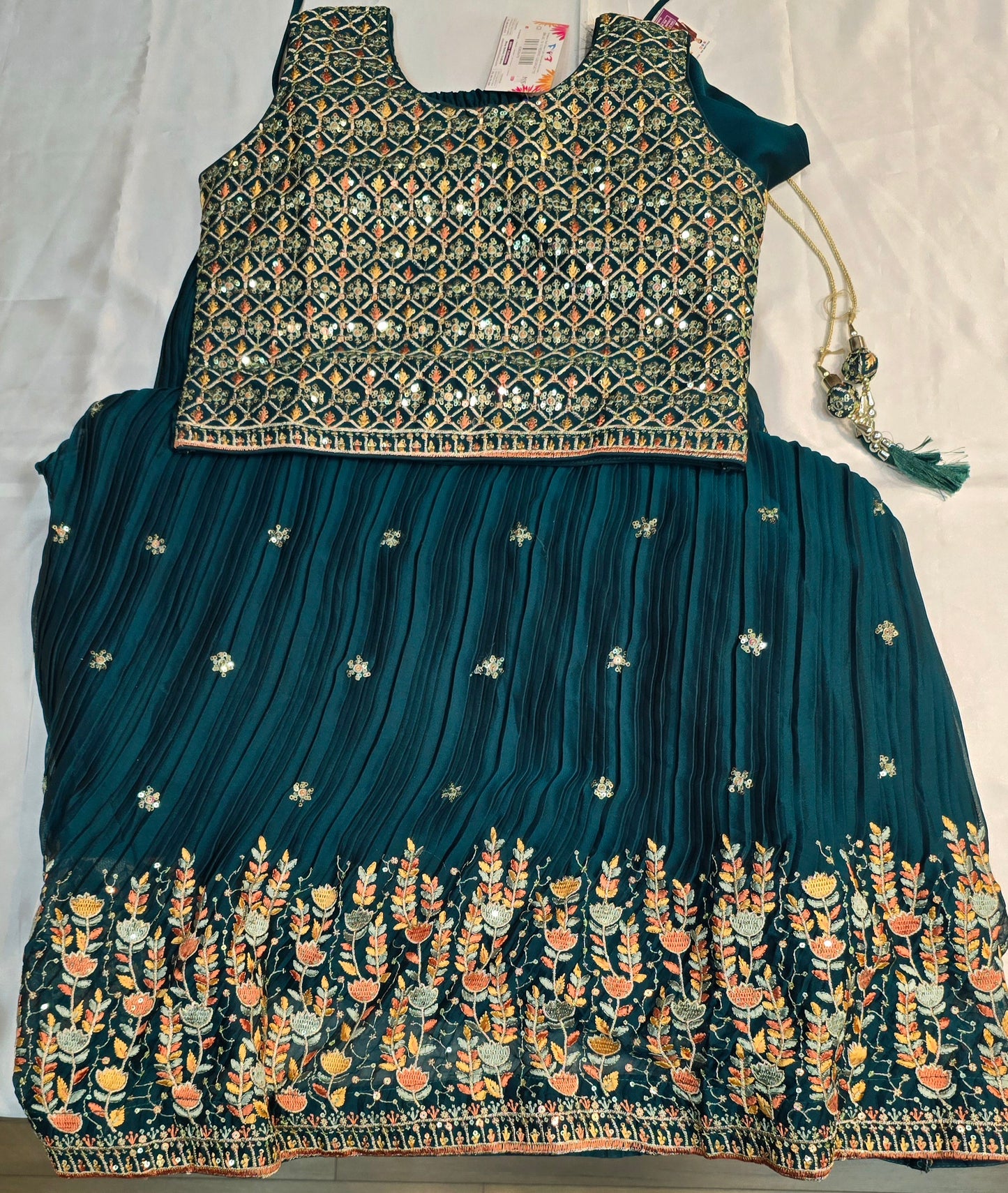 Gorgeous Teal Green Color Georgette Embroidery And Sequins Work Choli Set For Girls