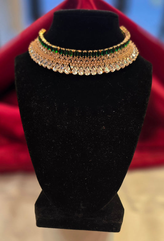 Traditional Gold Plated With Green And White Stone Choker And Earrings