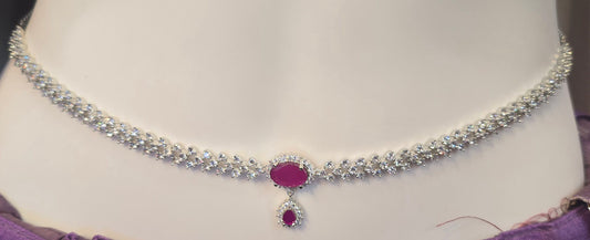 Gorgeous Silver Color Dark Pink Stone Embedded Hip Chain