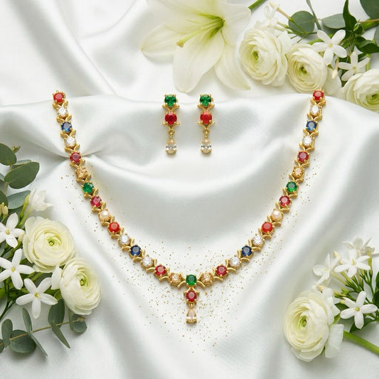 Charming Multicolor Stones Studded Gold Plated Necklace With Earrings Set For Women