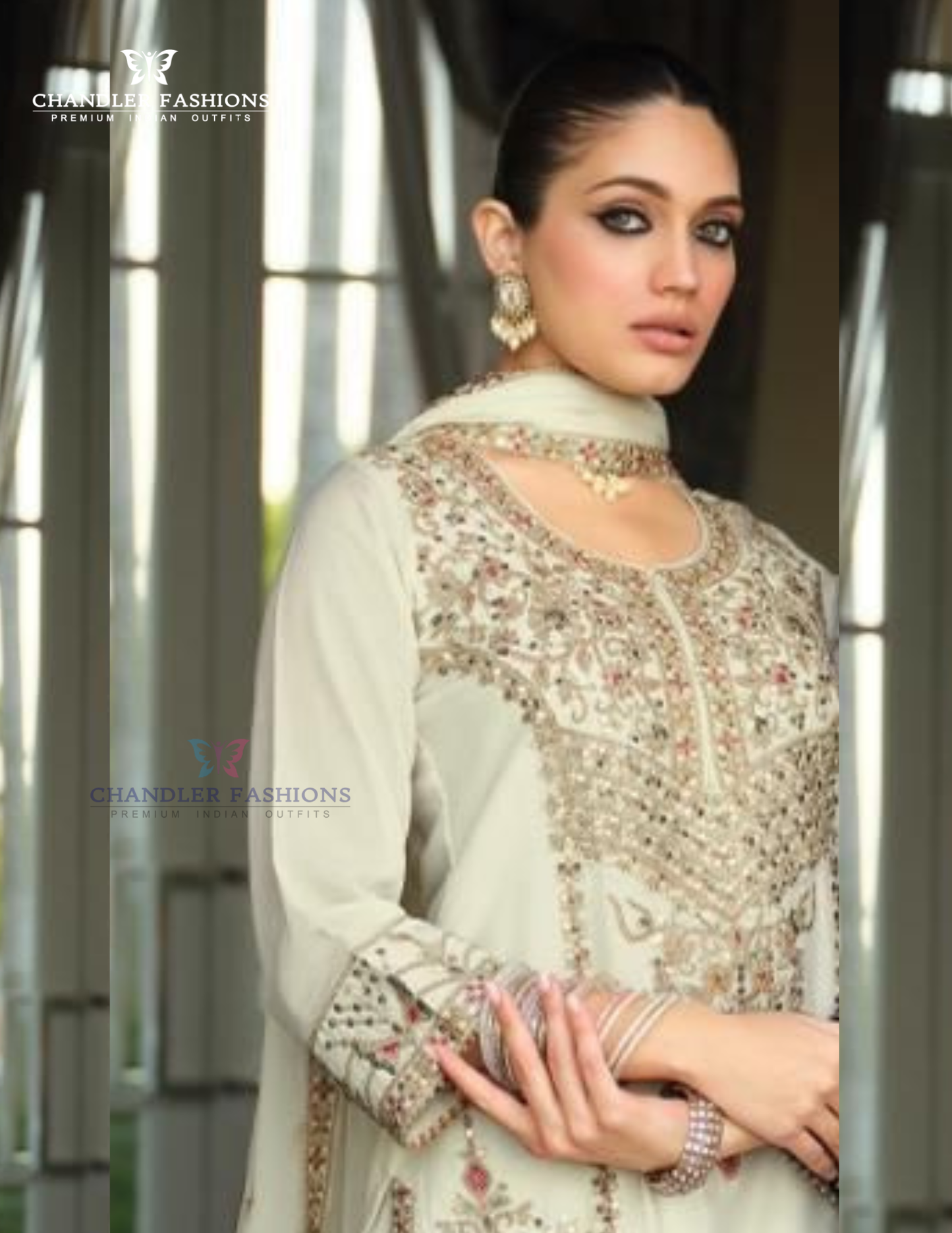 White Color Chinon With Embroidery Work Palazzo Suits Near Me