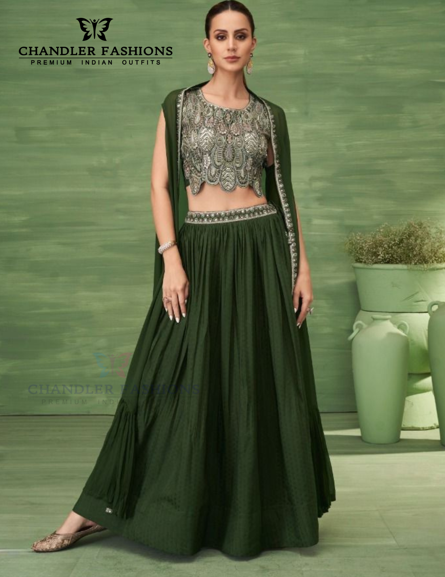 Beautiful Green Color Chinon Indo Western Lehenga Choli For Women