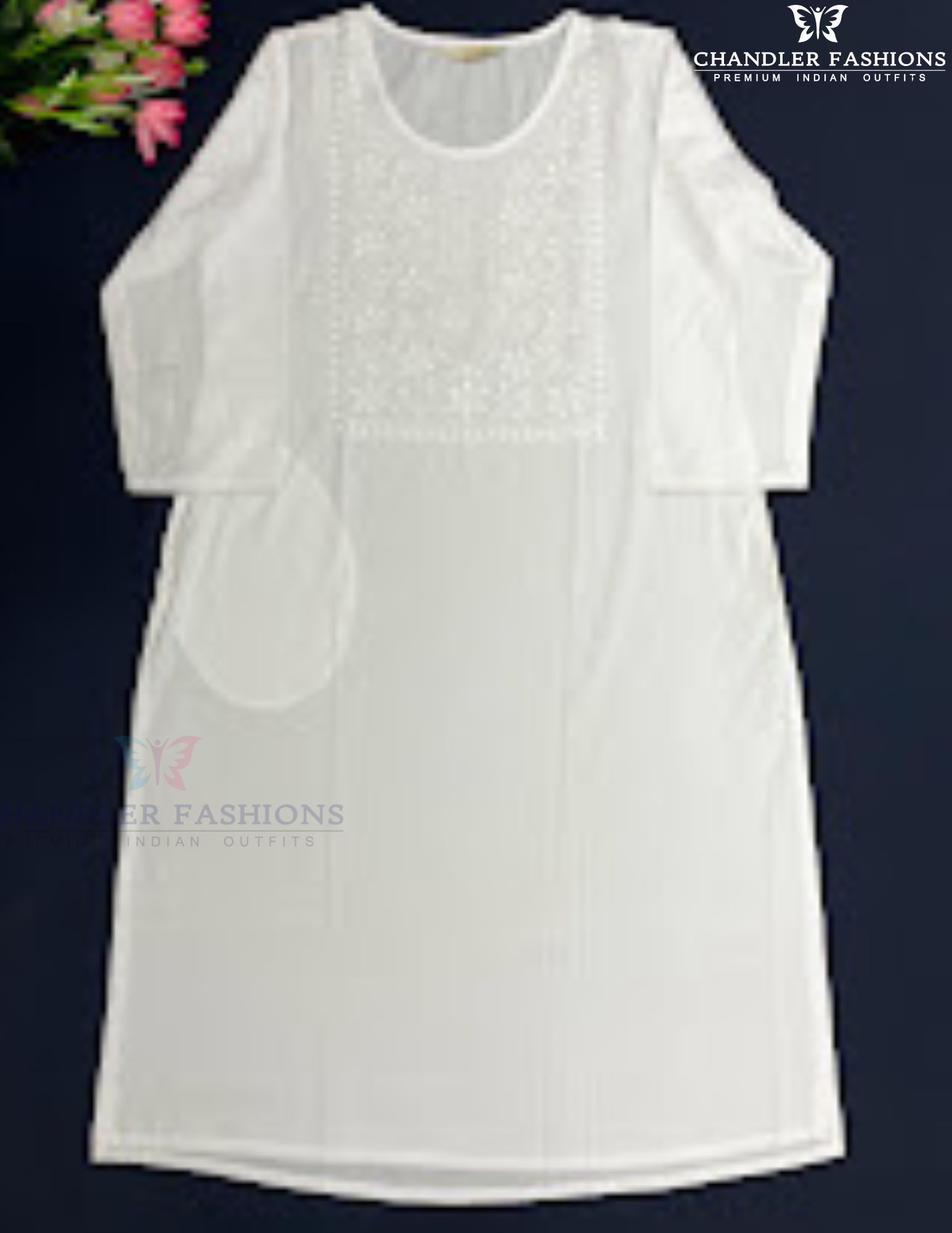 Wonderful White Color Embroidery Work Cotton Kurti With Pocket For Women