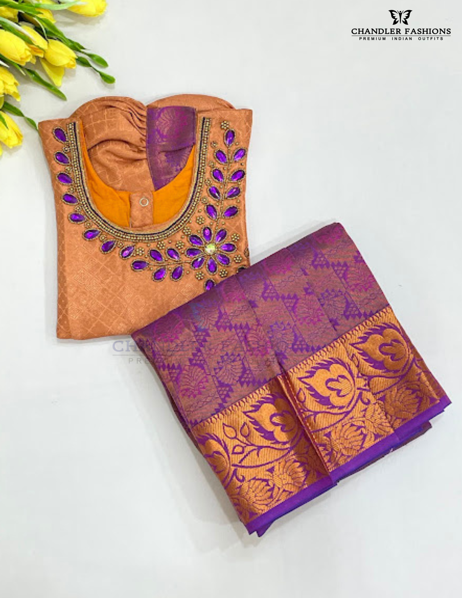 Appealing Light Orange And Violet Color Silk Langa sets With Zari Work Near Me