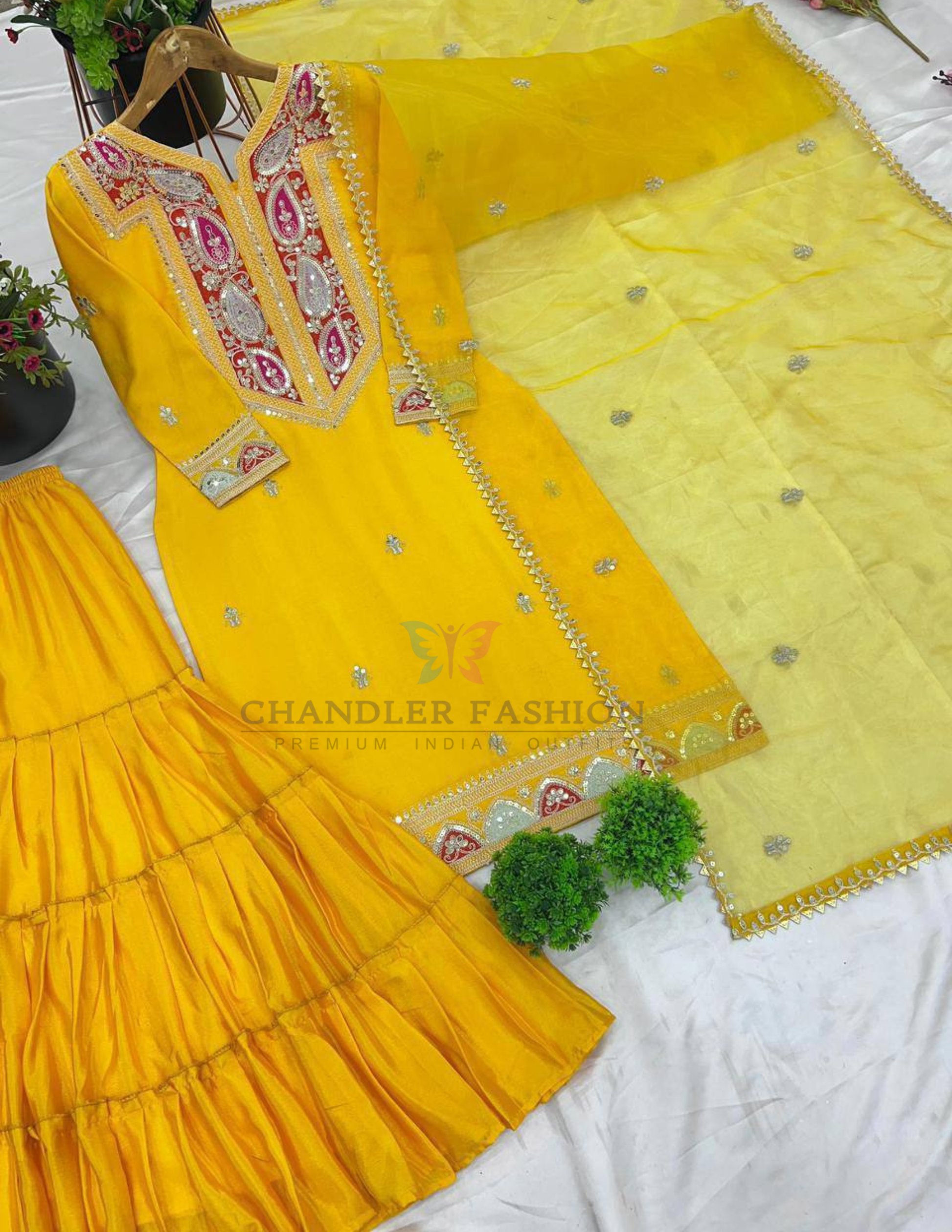 Yellow Color Heavy Chinon Silk With Sequins Work Sharara Suits In Mesa