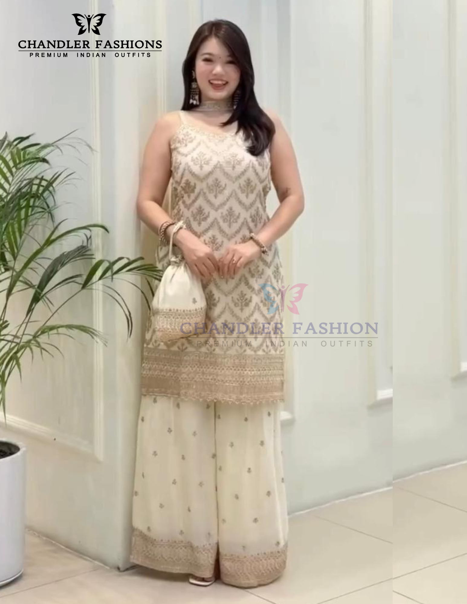 Beautiful Off White Color Heavy Georgette With Embroidery And Sequins Work Palazzo Suits For Women