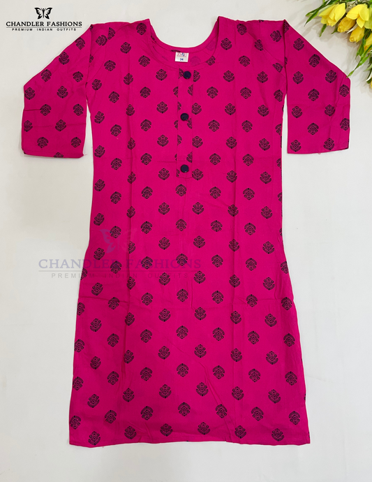 Alluring Pink Color Rayon With Printed Work Kurti For Girls