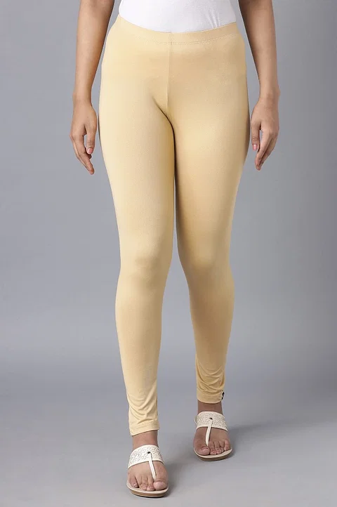 Gold Beige Knit Churidar Leggings For Women