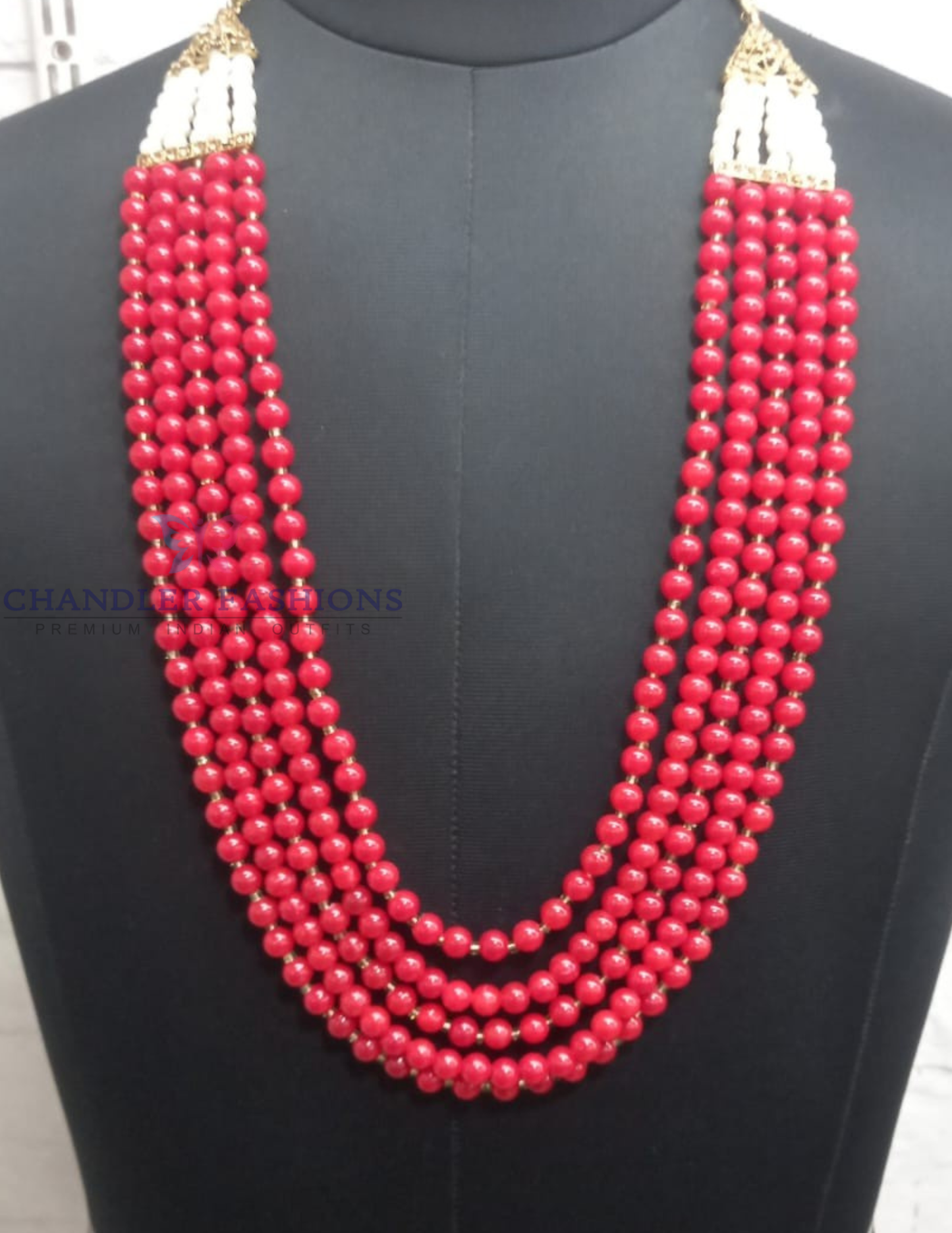 Beautiful Red Color Gold Plated With Pearl Beaded Mala