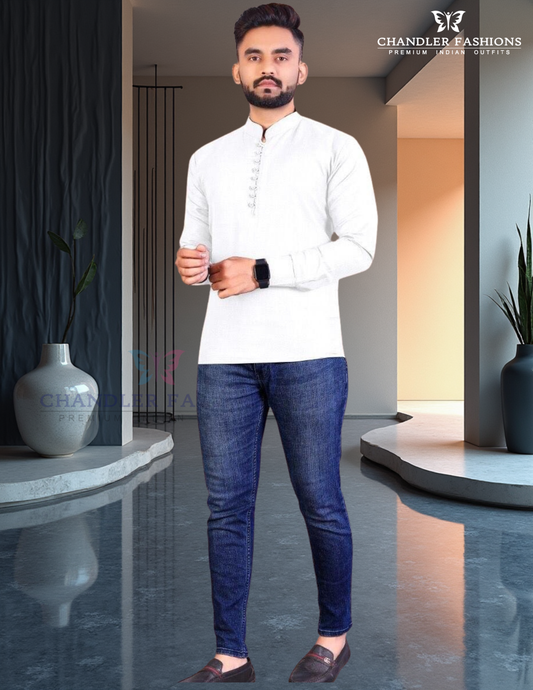 Alluring White Color Cotton Short Kurta For Men