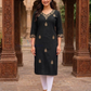 Fabulous Black Color Cotton With Embroidery Work Kurti For Women