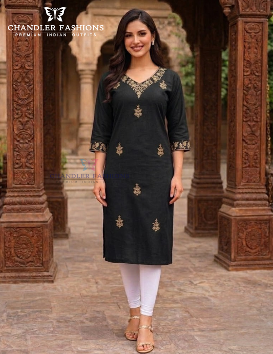 Fabulous Black Color Cotton With Embroidery Work Kurti For Women