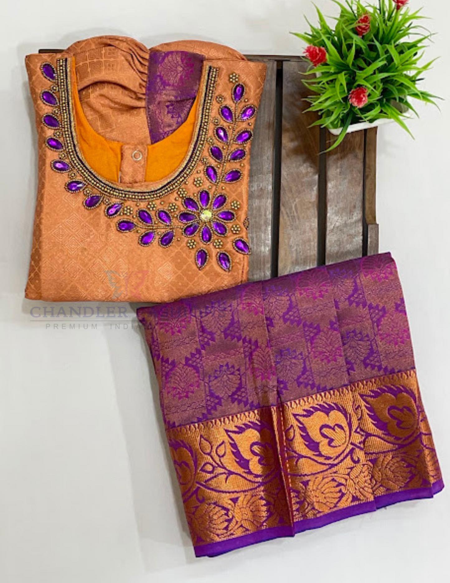 Appealing Light Orange And Violet Color Silk Langa sets With Zari Work In USA