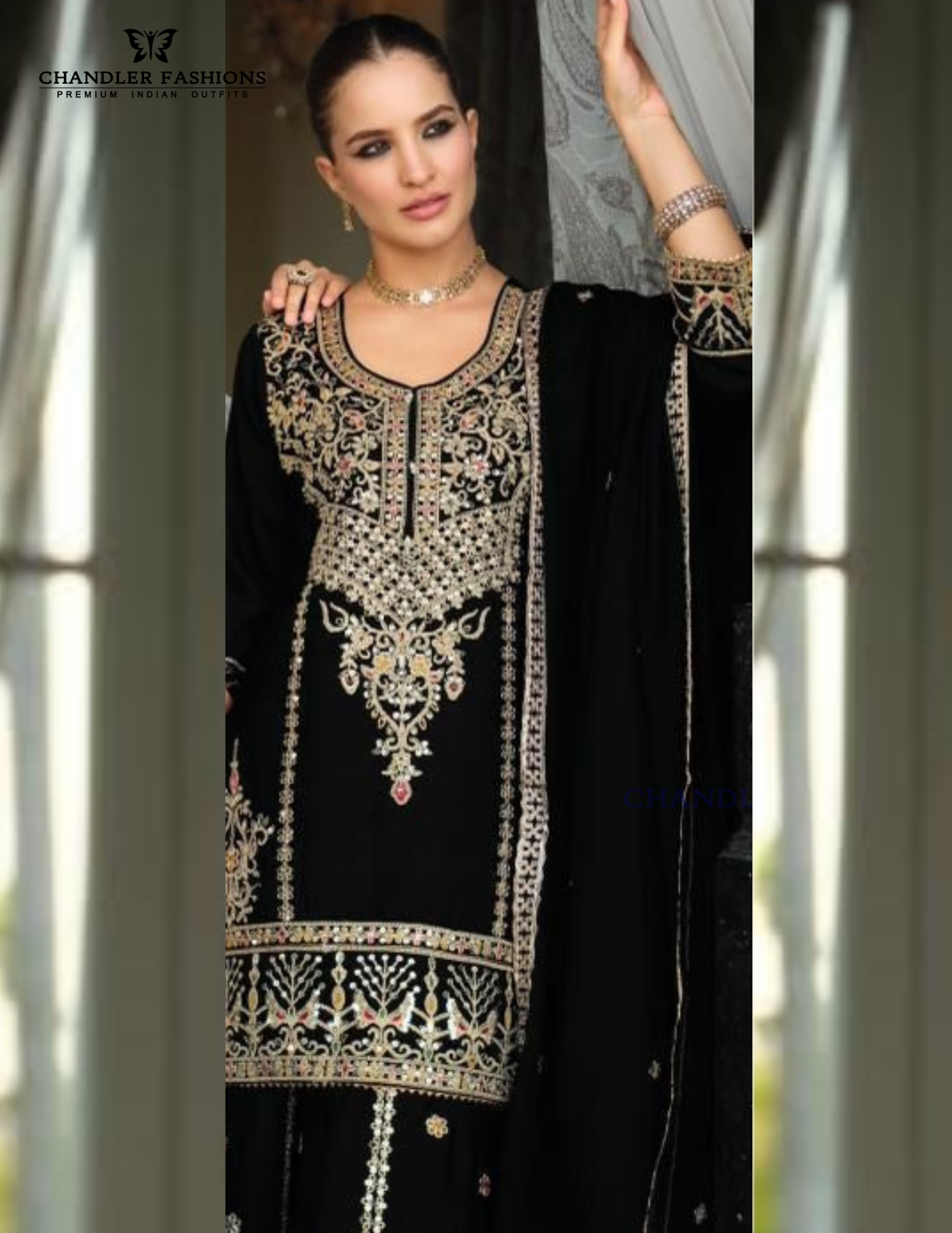 Black Color Chinon With Embroidery Work Palazzo Suits Near Me