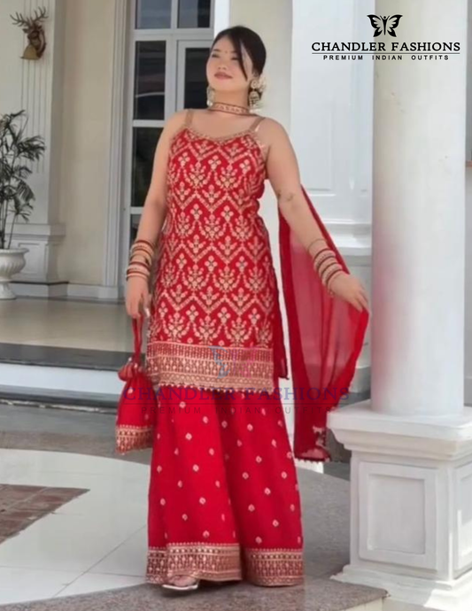Wonderful Red Color Georgette With Embroidery And Sequins Work Palazzo Suits For Women