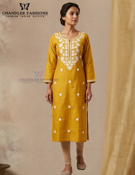 Wonderful Yellow Color Rayon With Embroidery Work Kurti For Women