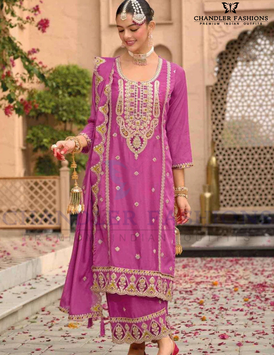 Charming Pink Color Sequins And Embroidery Work Palazzo Suits With Dupatta For Women